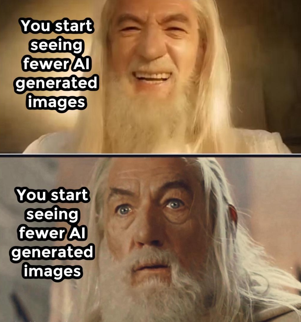 Gandalf smiling with the text "You start seeing fewer AI generated images" followed by Gandalf stunned with the text "You start seeing fewer AI generated images"