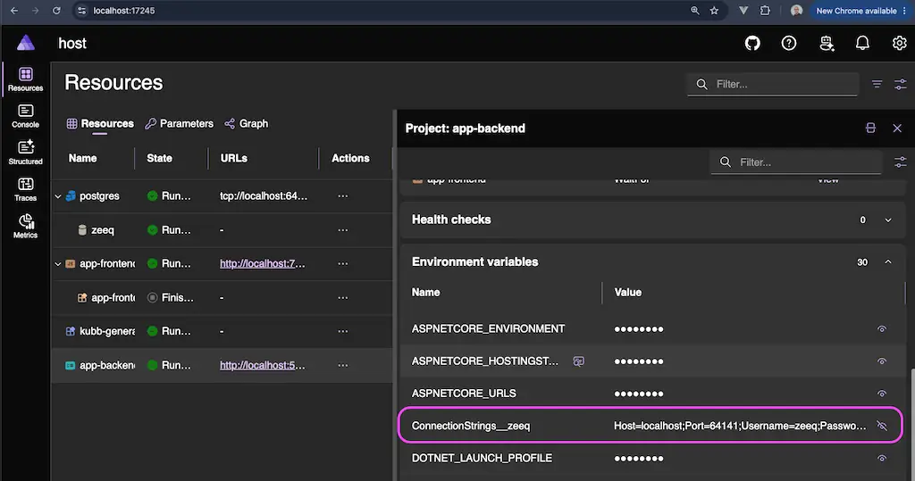 Aspire dashboard showing the connection string