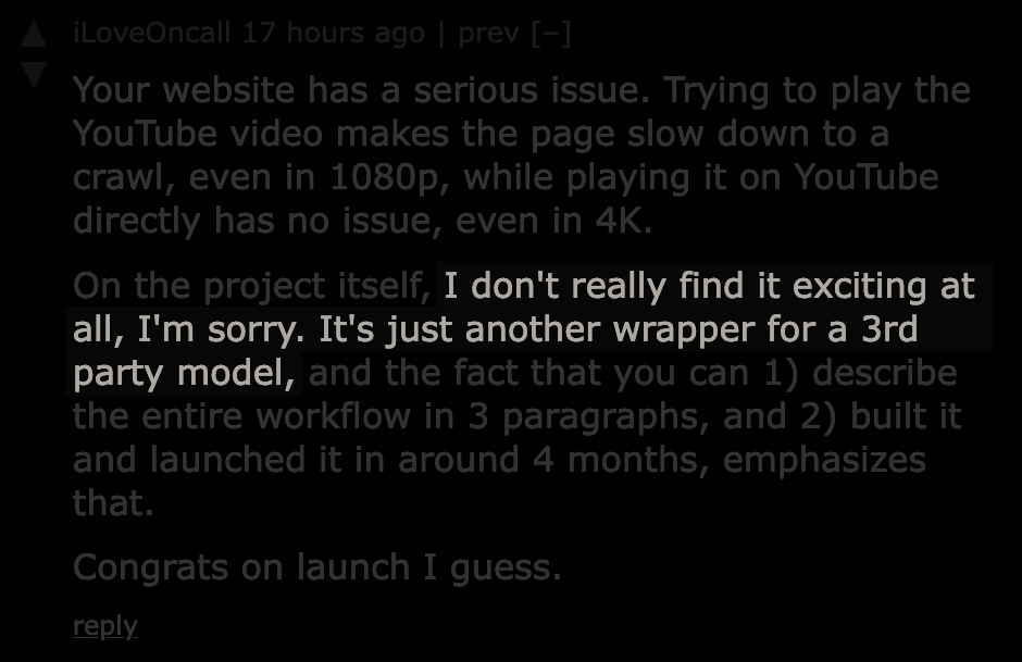 Quote that says "I don't really find it exciting at all, I'm sorry.  It's just another wrapper for a 3rd party model"