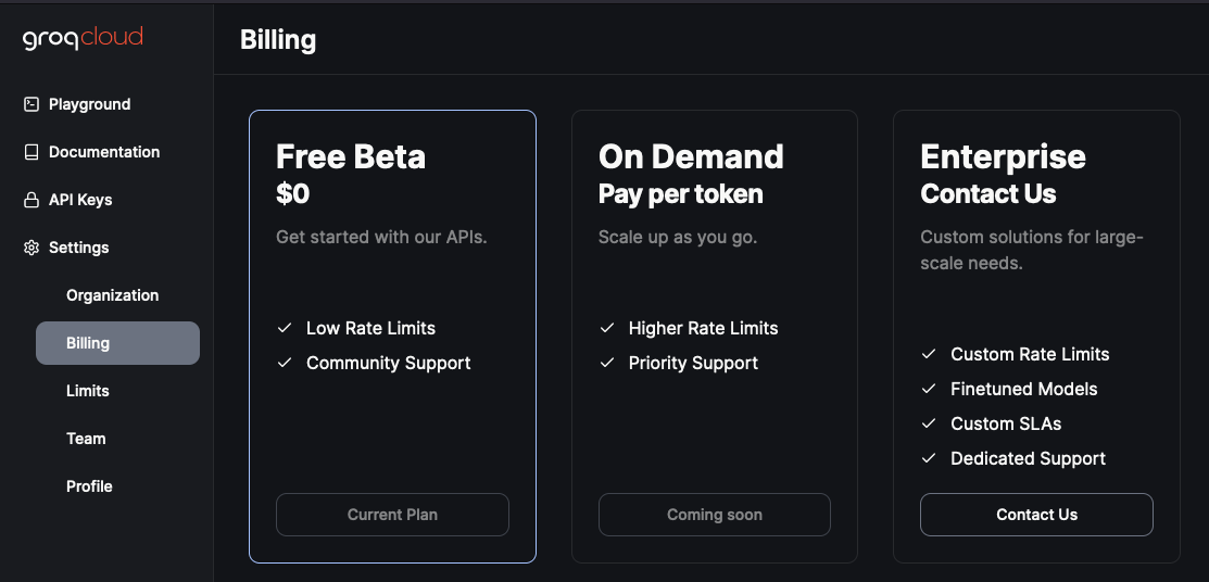 Groq currently lacks an intermediate paid tier.